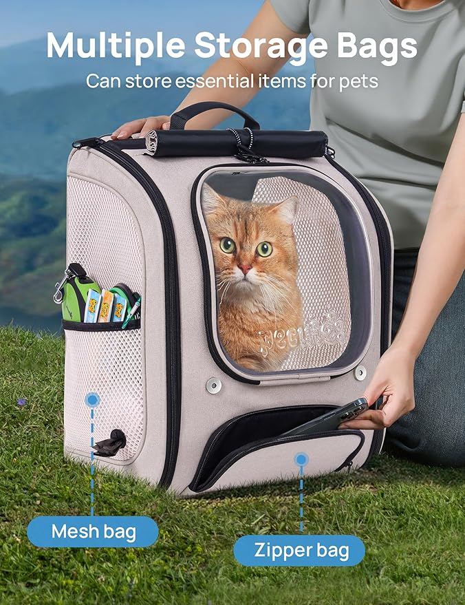 Pecute Cat Backpack Carrier, Large Space Cat Bubble Backpack, Breathable Cat Carrier, Shaded Dog Backpack Carrier, Ergonomic 3D Design for Travel, Hiking, Suitable for Shopping, and Vet, Khaki