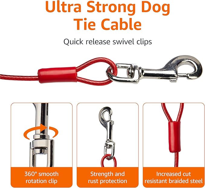 Amazon Basics Tie-Out Cable For Dogs Up to 56.7kg/914.4cm (Pack of 1), Red