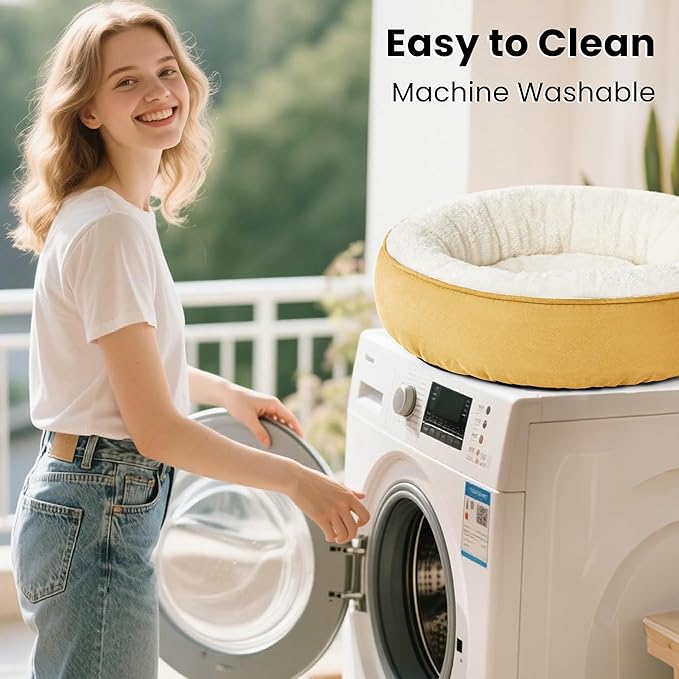 Love's cabin Yellow Round Donut Cat Bed, 20x20in, Soft Durable Fabric, Anti-Slip Water-Resistant, Washable Pet Bed