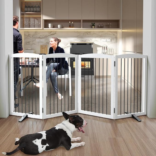 ZJSF Freestanding Panel Gate for Indoor Doorways, Stairs, or Hallways - Foldable White Wooden Dog Gates - Support Feet Included - 32" Height - 4 Panels