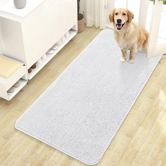 OLANLY Dog Door Mat for Muddy Paws 47x24, Absorbs Moisture and Dirt, Absorbent Non-Slip Washable Doormat, Quick Dry Chenille Mud Mat for Dogs, Entry Indoor Entryway Carpet for Inside Floor, White