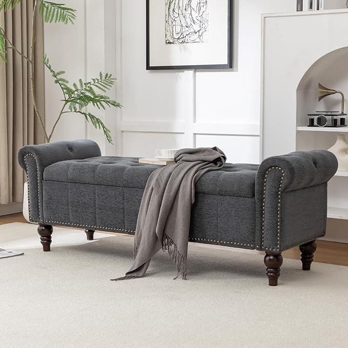 58’’ Storage Bench for Bedroom, Upholstered Button-Tufted Ottoman with Solid Wood Legs, Large End of Bed Shoe Cabinet, Window Seat Foot Rest Stool for Entryway, Closet, and Living Room (Dimgray)