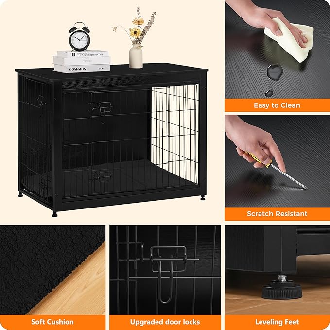 DWANTON Dog Crate Furniture with Cushion, Wooden Kennel Table with Double Doors, Indoor Dog House, Large Size, 38.5" L, Black
