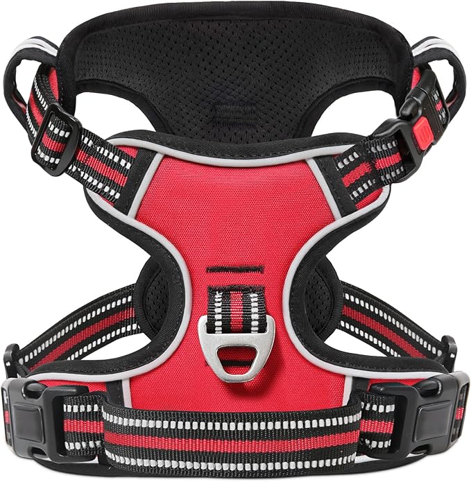 Timos Dog Harness Large Sized, No Pull with Neck Lockable Snap,No Choke Front Clip Dog Reflective Harness,Adjustable Metal Rings 3 Buckles,Easy Control Handle for Large Dogs Red L