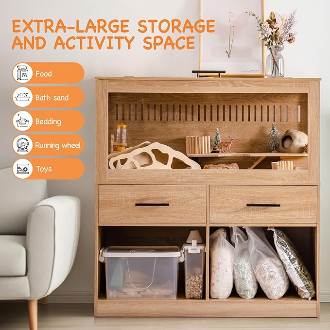 MEWOOFUN Large Hamster Cage, Hamster Cage and Habitats with Drawers and Storage Cabinet, Openable Top, Three-Sided Visibility and Four-Sided Ventilation, 39.4" L x 19.7" W x 41.7" H