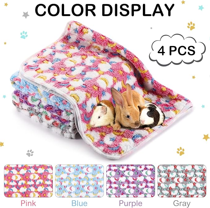 Reginary 4 Pcs Waterproof Guinea Pig Blankets Washable Small Animal Fleece Bedding Absorbent Guinea Pig Cage Liners Reusable Pet Pee Pad Sleep Mat for Hamster Ferret(Moon Star Pattern,24 x 47 Inch)