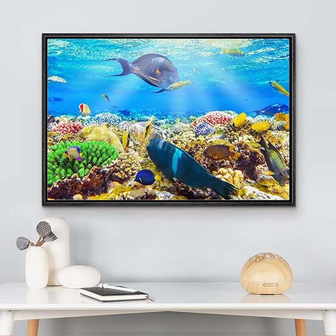 wall26 Framed Canvas Print Wall Art Sunlight Ocean Sea Coral Reef Anemone Fish Nature Animals Realism Rustic Scenic Landscape Wilderness Earth for Living Room, Bedroom, Office - 24"x36" Black