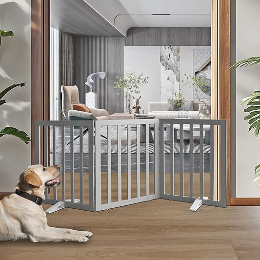 ZJSF Freestanding Indoor Dog Gate for House Foldable Wood Puppy Gate for Doorways Pet Gate for Stairs Extra Wide Pet Fence, Grey, 24" Height 3 Panels