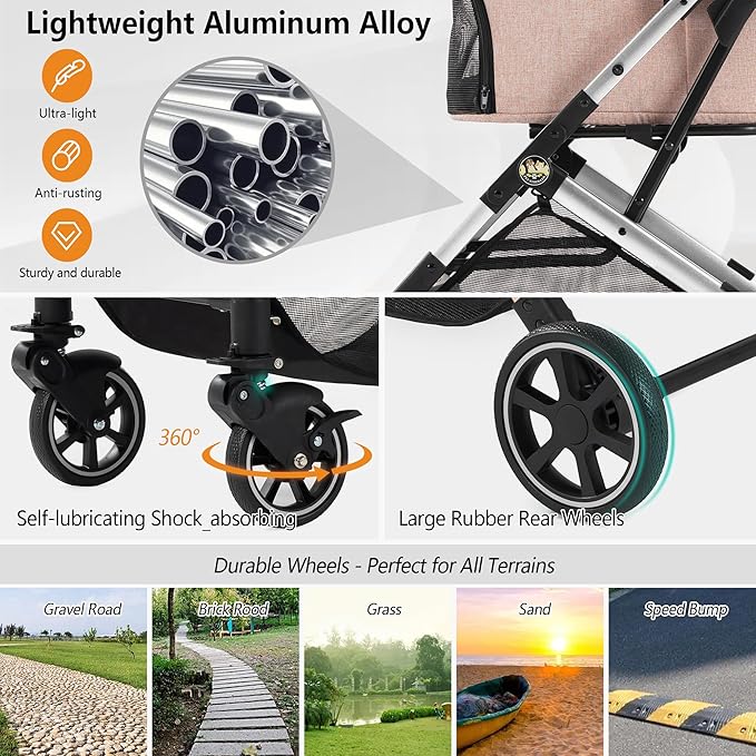 Kenyone 3-in-1 Pet Stroller for Small Medium Dogs Puppy Cat Stroller with Detachable Carrier & Pad Lightweight Foldable Aluminum Alloy Frame Dual No-Zip Entry(Pink)