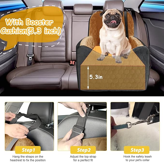 Dog Car Seat for Small/Medium Dogs, Memory Foam Dog Booster Seat, Travel Safety Per Car Seat with Washable Removable Cover, Storage Pockets for Dogs up to 35 lbs(BlackBrown)