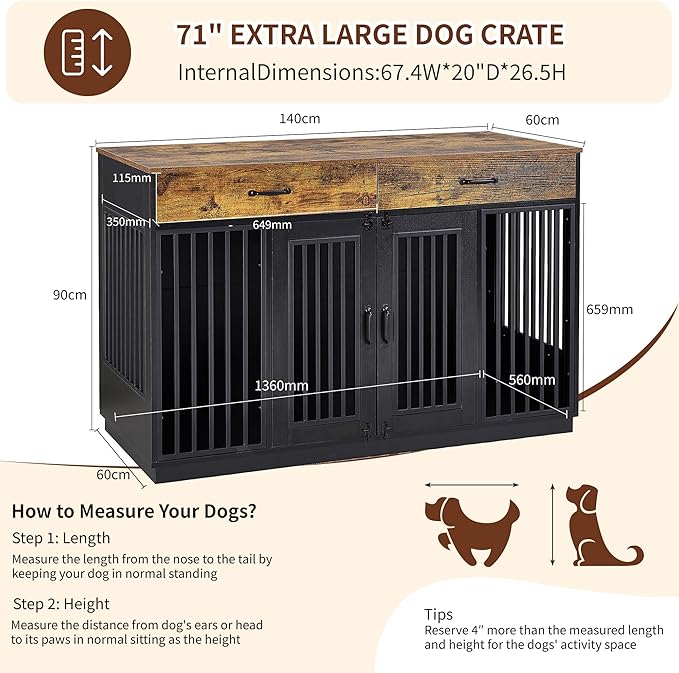 VECELO Dog Crate Furniture for Medium/Large Dogs, Wooden Dog Cage with Drawers, Double Door, Dog Kennel End Table, Brown