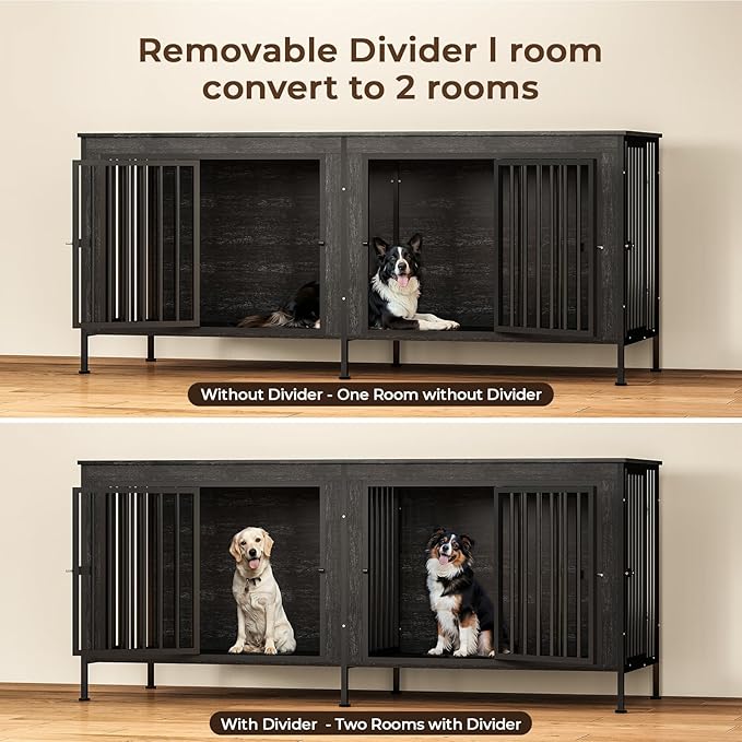 78 Inch Dog Cage Furniture for 2 Large/Medium Dogs with Removable Divider, Extra Large Double Doors Dog Kennel, XXL Thick Wooden Dog cage Furniture, Durable and Sturdy, Dark Grey