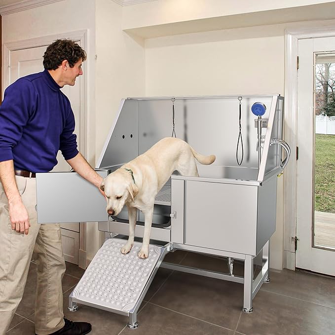 YITAHOME 50in Dog Bathing Station, Professional Stainless Steel 304 Dog Bathtub, Pet Grooming Tub w/Left Ramp, Floor Grate, Faucet, Pet Washing Station for Large, Medium, Small Pets, Indoor, Outdoor