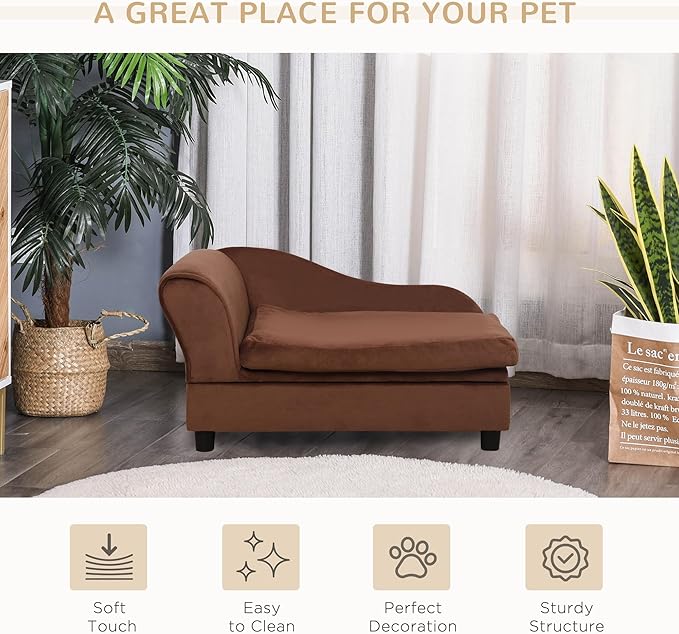 PawHut Luxury Fancy Dog Couch with Hidden Storage, Small Dog Sofa Bed with 2" Soft Foam, Modern Pet Furniture for Puppies & Little Breeds, Brown