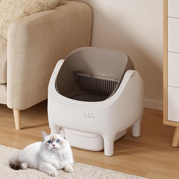 Greesum Automatic Self-Cleaning Litter Box for Cats - Open-Top Design, Easy Odor Control, Smart APP Control, 15L Large Waste Bin, Includes Trash Bags & Mat (Brown)