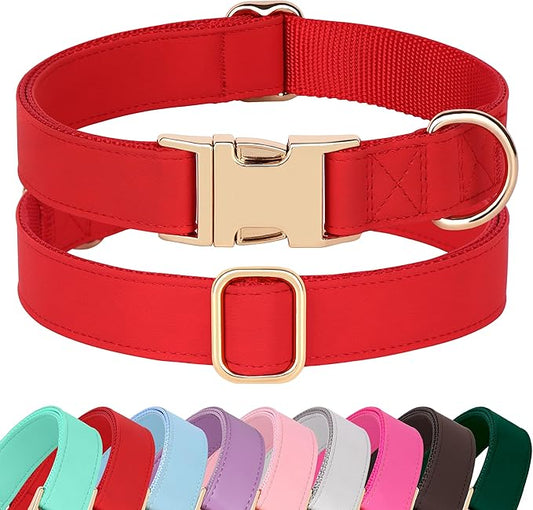 PET ARTIST Soft PU Leather Dog Collar, Bright & Classic Red Dog Collar with Quick Release Rose Metal Buckle, Adjustable Nylon Padded Durable Pet Collars for Medium Dogs Girl, Neck Fit 13-19"