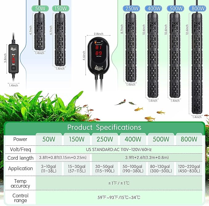 AQQA Fish Tank Heater,Aquarium Heater 50W 150W 250W 400W 500W 800W for 3-220 Gal,Set Temperature 59℉-93℉ Temperature Accuracy,Out of Water or High Temperature Automatic Power Off (400W to 50-100 gal)