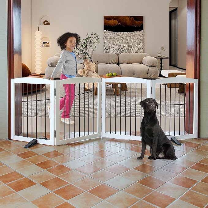ZJSF Freestanding Panel Dog Gate for Indoor, Doorways,Stairs, or Hallways,Foldable Wooden White Pet Gates for House,Pet Gate for Dogs,Dog Fence, Puppy Gate,Support Feet Included,24 "Height-4 Panels