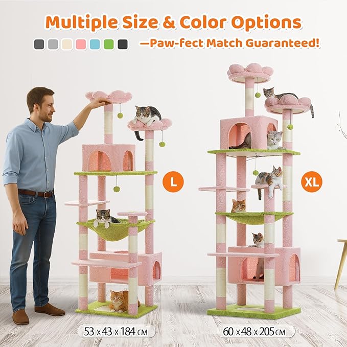 PAWZ Road Flower Cat Tree for Large Cats, 81 Inches Pink Tall Cat Tower with 2 Perches, 2 Condos and Spacious Hammock, XL Extra Large Condo with 7 Scratching Posts for 20lb+ Adult Cats