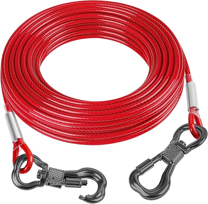 Tresbro 100FT Red Reflective Tie Out Cable for Dogs Up to 250 Pounds, Steel Wire Lead Leash with Stainless Rotatable Buckle, Lightweight and Enduring, Dog Chains Outside for Outdoor,Yard,Camping