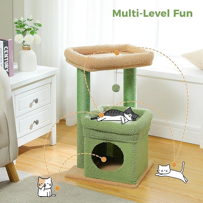 PEQULTI Cat Tree Cactus Cat Tower for Indoor Cats with Private Cozy Cat Condo, Natural Sisal Scratching Posts and Plush Pom-pom for Small Cats Green