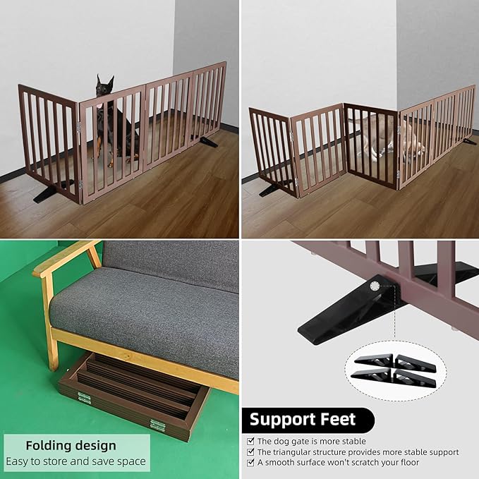 ZJSF Freestanding Indoor Dog Gate for House Foldable Wood Puppy Gate for Doorways Pet Gate for Stairs Extra Wide Pet Fence, Brown, 32" Height 3 Panels