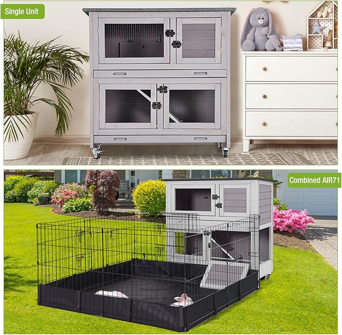 2 Story Rabbit Hutch Indoor Outdoor Rabbit Bunny House Guinea Pig Cage Wooden Pet House for Small Animals with 2 Large Rooms, Chewproof Ramp, Ventilation Door, Removable Trays (Grey)