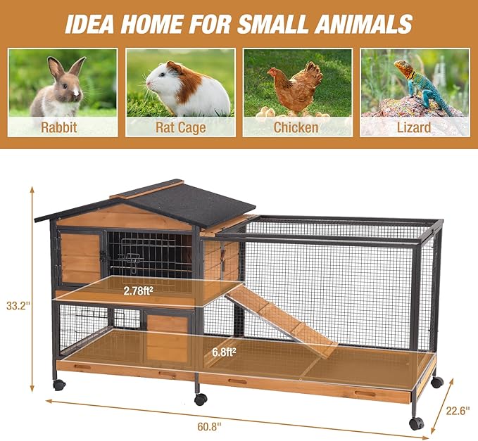 Rabbit Hutch Bunny Cage Strong Iron Frame Rabbit Cage Indoor and Outdoor Chicken Coop with Casters Waterproof Roof, Great for Rabbit,Bunny,Guinea Pig,Chickens.