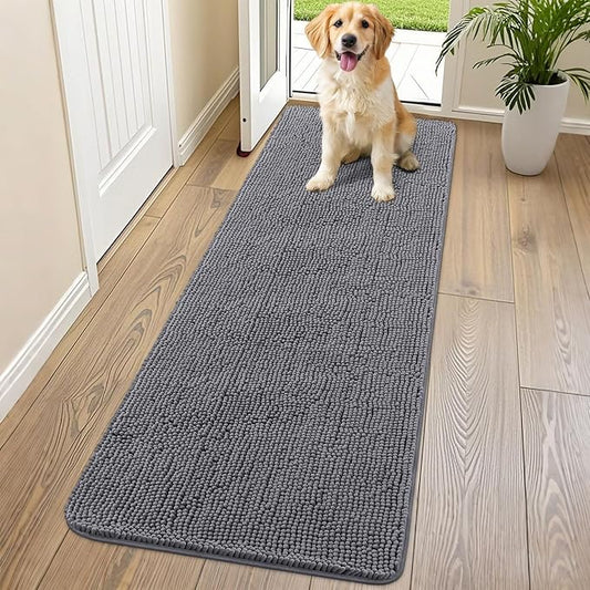 Smiry Dog Door Mat for Muddy Paws 70x24, Absorbs Moisture and Dirt Doormat, Non-Slip Washable Quick Dry Chenille Front Door Mat Indoor Entrance, Entryway Carpet for Inside Floor, Dark Grey