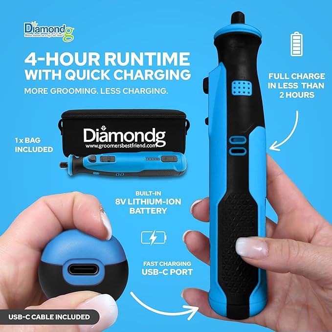 Diamondg Cordless Dog Nail Grinder with Quiet Sound & LED Tip for Large & Small Dogs, 4hrs. Runtime, 2 Bits Included, Blue