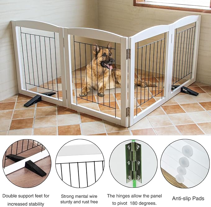 ZJSF Freestanding Dog Fence Indoor, Foldable Dog Gate for Doorways, Stairs or Hallways, Sturdy Wood Extra Wide Pet Gate with Support Feet for The House, White, 32 "Height-4 Panels