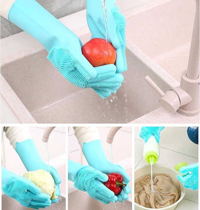 Pet Grooming Gloves，Heat-Resistant Silicone Gloves with High-Density Teeth for Enhanced Massaging and Bathing of Dogs and Cats (Blue, 1 Pair)