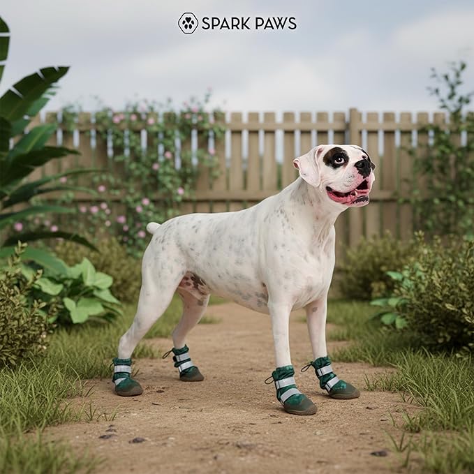 Spark Paws Dog Shoes, Waterproof Dog Boots for Medium to Large Dogs, Non Slip, Breathable Dog Booties and Paw Protectors - 4PCS Doggie Hiking Boots with Reflective Straps, Green Camo, Size 5