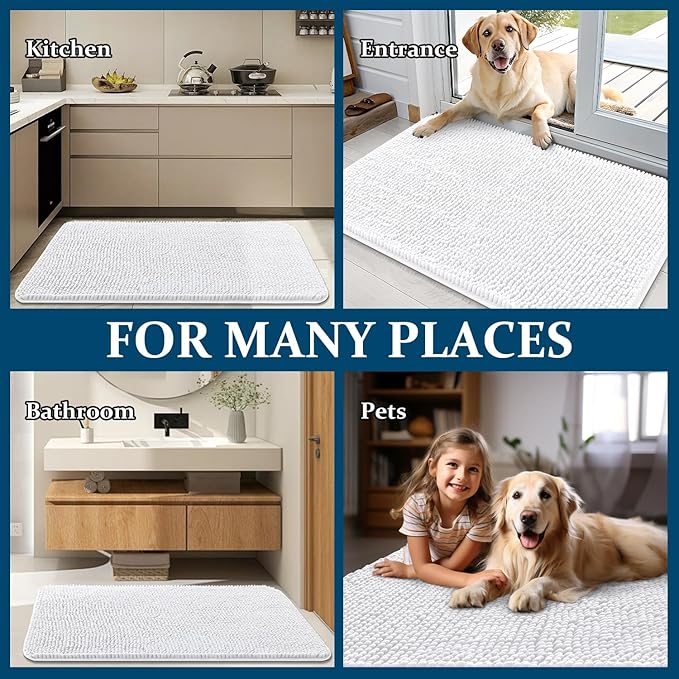 OLANLY Dog Door Mat for Muddy Paws 59x35, Absorbs Moisture and Dirt, Absorbent Non-Slip Washable Doormat, Quick Dry Chenille Mud Mat for Dogs, Entry Indoor Entryway Carpet for Inside Floor, White