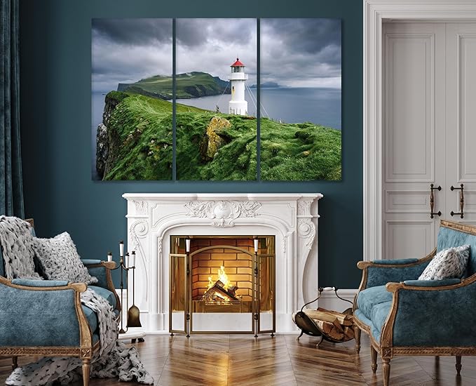 Nature Wall Art Prints - Ocean Forest Mountain Lake Canvas Landscapes - Small to Extra Large Living Room Bedroom Kitchen Bathroom Décor (Stormy Sky Lighthouse, 39L" x 59W" - 3 Panels)