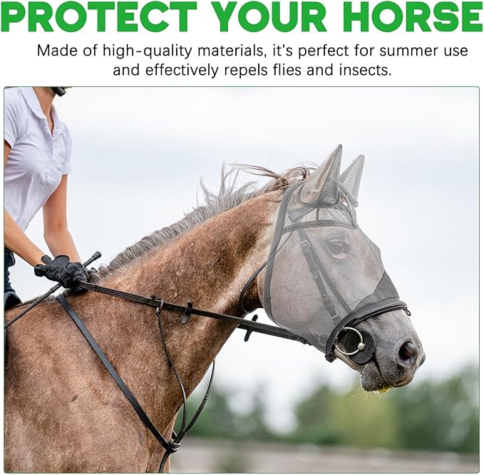 2 Pcs Horse Fly Mask with Ears Adjustable UV Protection Horse Fly Mask Accessories Large Eye Space with Ears for Horses Summer, Black and Gray, L