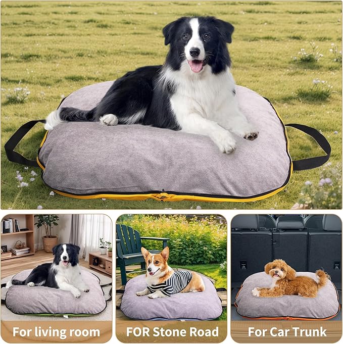 Portable Waterproof Dog Mat for Camping, Patio & Travel - Foldable Outdoor Dog Bed with Teflon Shell & Removable Plush Pad - Easy Clean, Durable - L (Bright Orange)