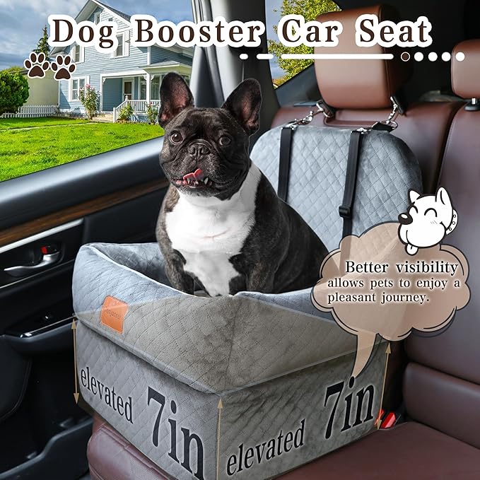 Dog Booster Car Seat with 7 Inches of Interior Height,Elevated Pet Car Seat for Small/Medium Sized Dogs,Puppy Portable Car Seat,Washable Removable Cover Travel Safety Car Seat,Easy to Use(H-Grey)