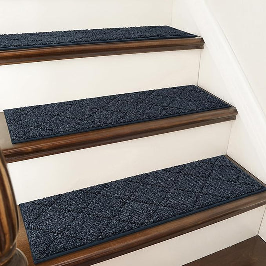 COSY HOMEER Edging Stair Treads Non-Slip Carpet Mat 28inX9in Indoor Stair Runners for Wooden Steps, Edging Stair Rugs for Kids and Dogs, 100% Polyester TPE Backing (4pc, Navy)