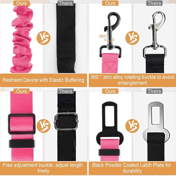 LivTee Dog Seat Belt for Car, Retractable Pet Safety Harness, Adjustable Nylon Dog Seatbelt Leash, Comfortable Dog Accessories for Vehicles (Pink-2PCS)