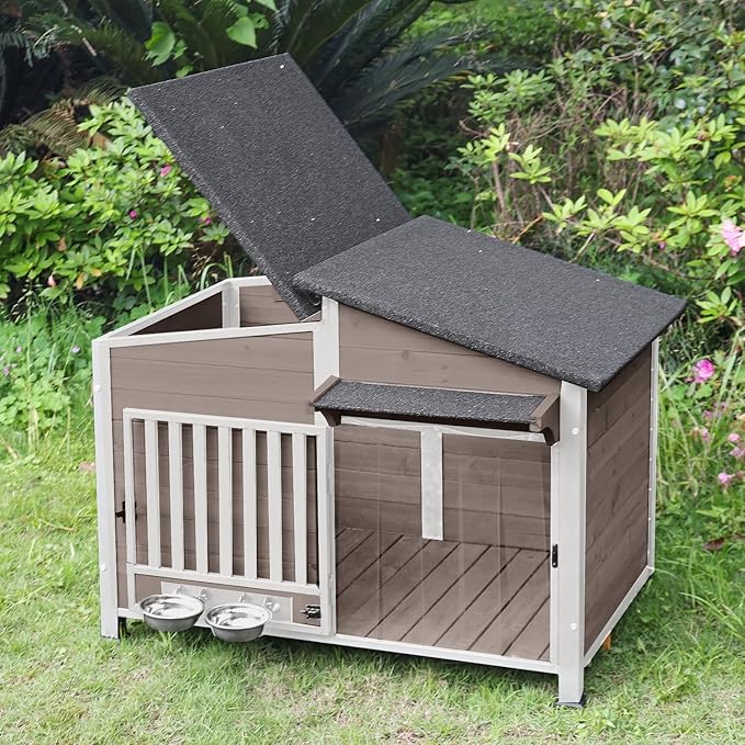 Dog House Outdoor with Bowls Weatherproof Dog Kennel with Anti-Chewing Iron Frame Dog Shelter for Small Medium Dogs(Light Brown)