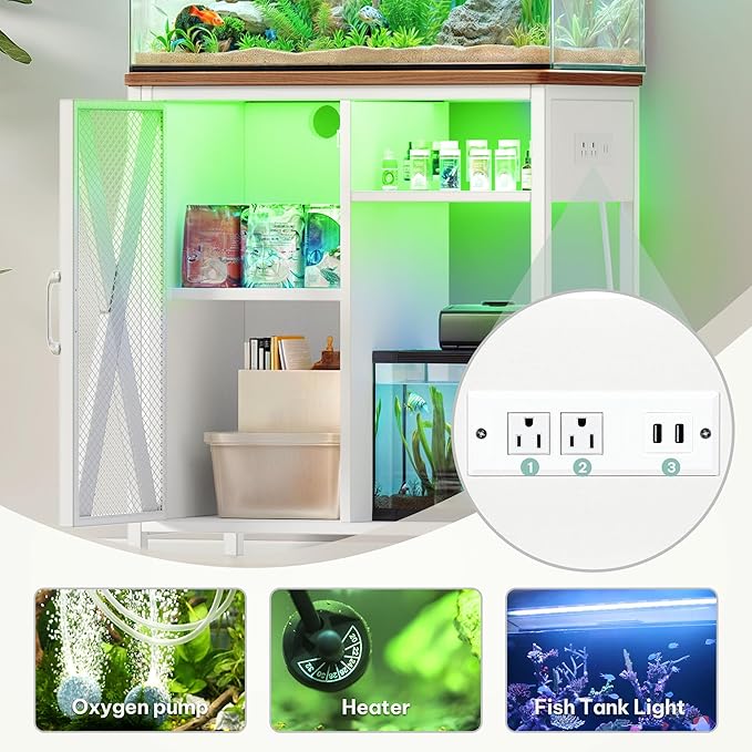 YITAHOME Fish Tank Stand with Power Outlets & LED Light, 20-29 Gallon Metal Aquarium Stand with Cabinet for Fish Tank Accessories Storage for Turtle, Reptile Terrarium, 350LBS Capacity, White