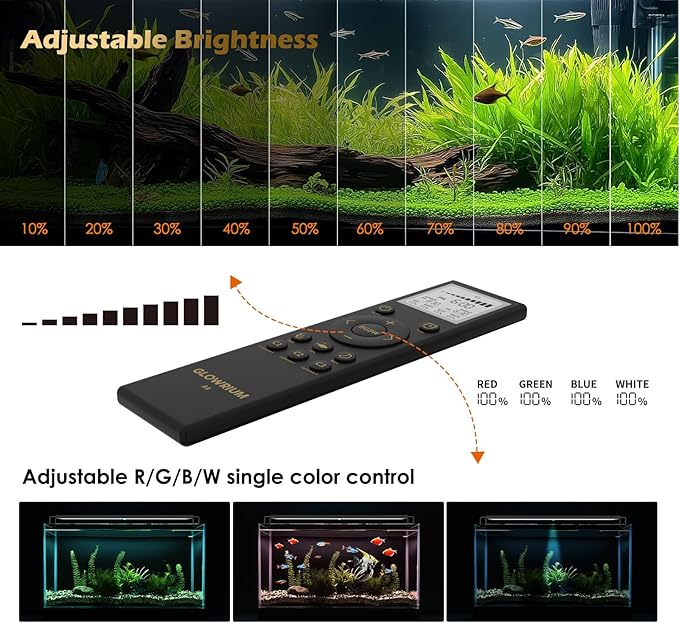 GLOWRIUM LED Aquarium Light with Remote, Full Spectrum Fish Tank Light with Auto Timer, IP67 Waterproof Freshwater Planted Tank Light, Dimmable RGB+W+Moon LEDs with High Performance (27W 36-41inch)
