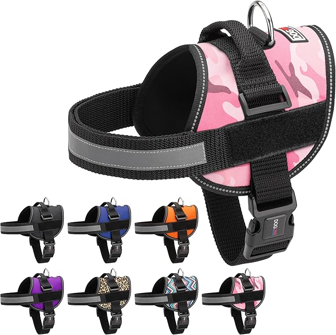 Dogline Dog Harness, Reflective No-Pull Adjustable Vest with Handle for Walking, Training, Breathable, No - Choke Harness for Small, Medium or Large Dogs Room for Patches Girth 33"-46" in Pink Camo
