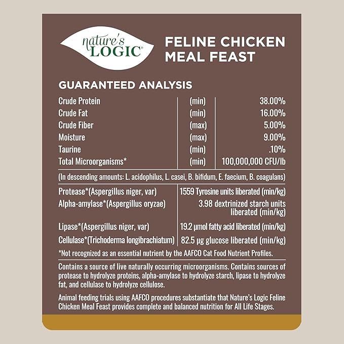 Nature's Logic Feline Chicken Meal Feast Cat Food - High-Protein Dry Food for Cats, 100% Natural Nutrition with Probiotics & Prebiotics - All Life Stages - Chicken, 15.4lbs
