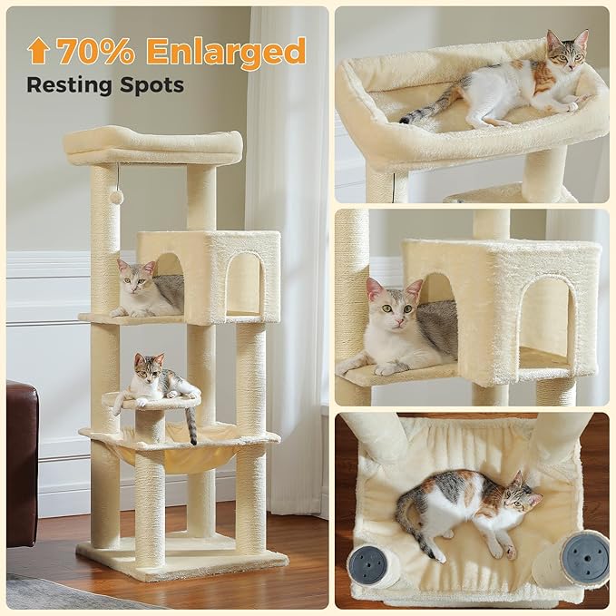 Large Cat Tree with Reinforced Scratching Posts (φ3.1in) for Big Adult Cats 30 lbs, 57.8" Heavy Duty Cat Tower with Larger Hammock and Condo, Cat Furniture for Maine Coon, Plush,Beige