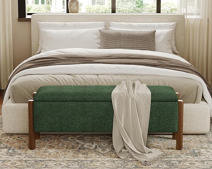 Storage Ottoman Bench, End of Bed Bench for Bedroom, 47" Boucle Upholstered Entryway Shoe Seat Benches, Holds up to 660 lb Storage Ottoman, Padded Blanket Chest Stool Foot Rest for Living Room Green