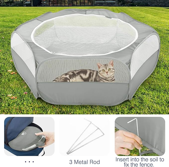 Pawaboo Small Animals Playpen, Waterproof Small Pet Cage Tent with Zippered Cover, Portable Outdoor Yard Fence with 3 Metal Rod for Chick/Kitten/Puppy/Guinea Pig/Rabbits/Hamster/Chinchillas,Light Gray
