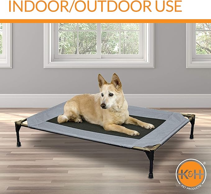 K&H Pet Products Outdoor Elevated Dog Cot, Breathable Cooling Elevated Cot Hammock Pet Bed for Medium Dogs, Washable Mesh Cover, Raised Metal Frame, Collapsible, Portable - Medium 32 X 25in Gray