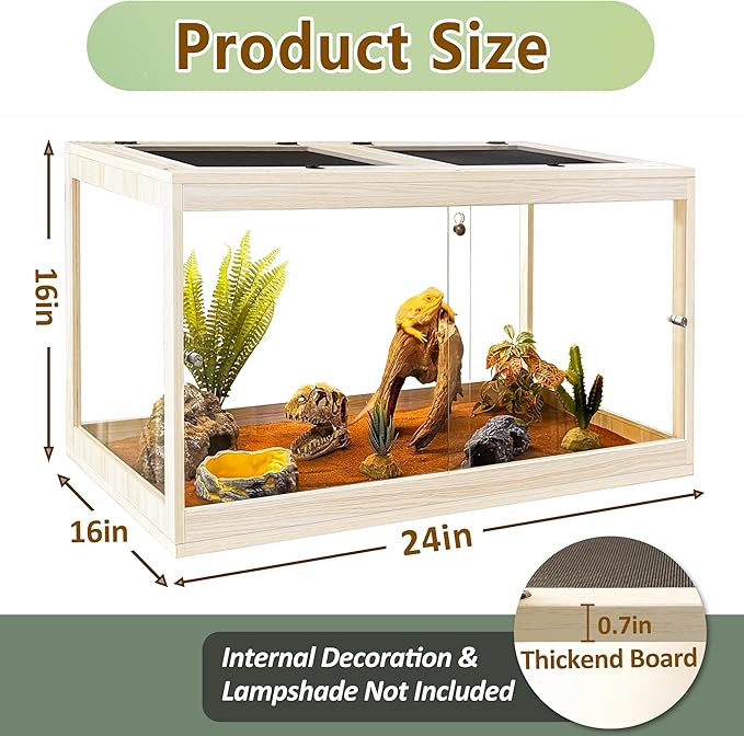 PROLEE Tempered Glass Bearded Dragon Tank,28 Gallon Reptile Tank with Meatl Mesh Roof and Front Sliding Door, Anti-Scratch Lizard Tank,Spacious Reptile Enclosure for Snakes,Lguanas, Chameleons(Oak)